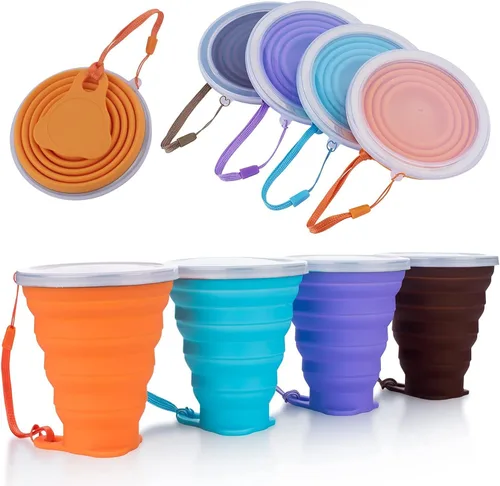 ME.FAN Taza de viaje plegable de silicona - Taza de camping plegable con tapas de silicona - Juego de tazas de beber expandibles - Portátil, Paquete