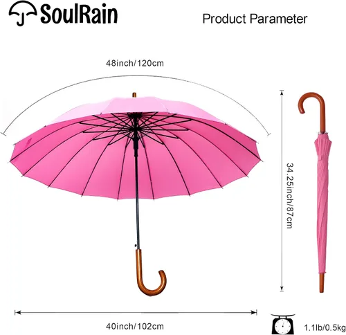 Miniatura 22 de SoulRain Paraguas de palo de 16 varillas de 48 pulgadas, apertura automática, color sólido, moderno y simple, mango de madera clásico de arco