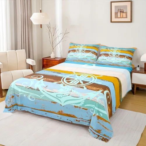 Miniatura 19 de Erosebridal Juego de sábanas de ancla náutica, sábanas de brújula oceánica, tamaño individual para niños, adolescentes, adultos, decoración