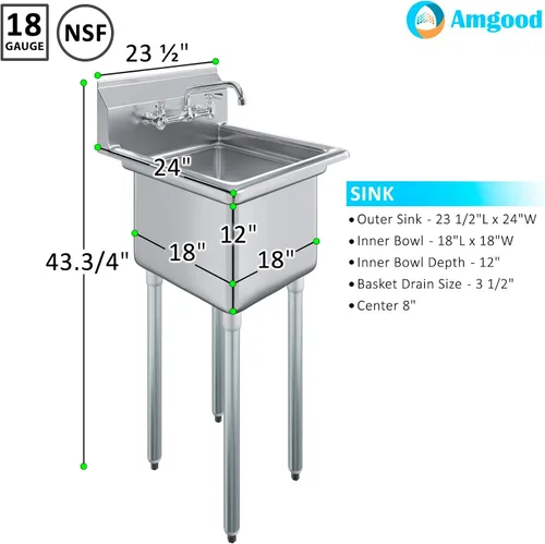 Miniatura 3 de AmGood Fregadero de acero inoxidable para preparación y uso general NSF Acero inoxidable 304 Restaurante, cocina, lavandería, garaje