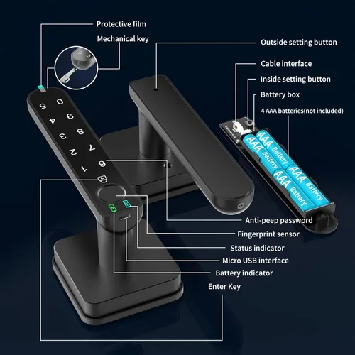 Miniatura 7 de Foxgard - Cerradura inteligente de huellas dactilares, cerradura biométrica, perilla de puerta electrónica con teclado, perilla de puerta Negro