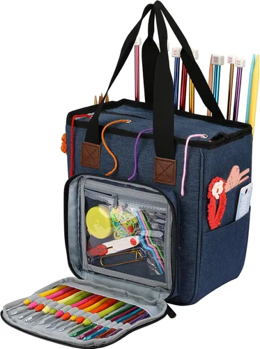 Miniatura 10 de Bolsa de almacenamiento de hilo para tejer, organizador de ganchillo de gran capacidad, bolsa de viaje portátil con correa para el hombro, estuche
