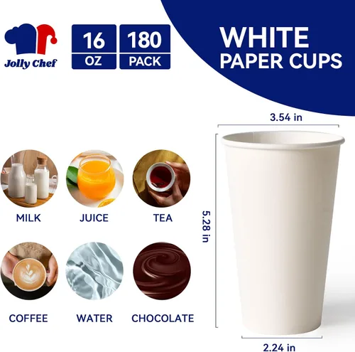 Miniatura 2 de JOLLY CHEF Paquete de 180 tazas de papel de 16 onzas para café, tazas blancas desechables para café, agua, jugo o té, adecuadas para fiestas
