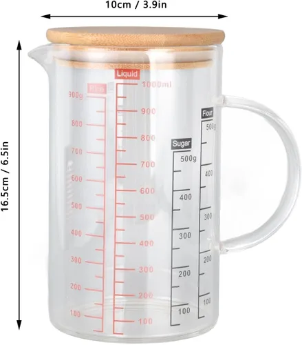 Miniatura 6 de Taza medidora de vidrio transparente, taza medidora de vidrio con tapa Taza medidora con escalas de medición y boquilla para cocina o restaurante