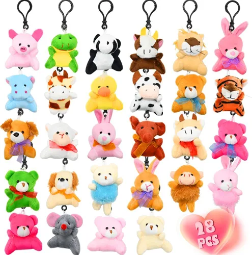 LUKBERA Paquete de 28 llaveros de animales de peluche, juguetes para rellenos de huevos de Pascua, regalos de intercambio de aula, bolsa de regalos