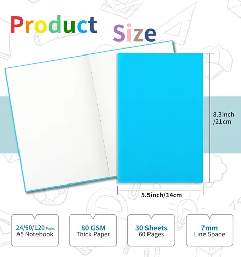 Miniatura 2 de Paquete de 24 cuadernos en blanco coloridos para escritura, diarios al por mayor, libros de composición A5, 21x14 cm, 60 páginas, 30 hojas