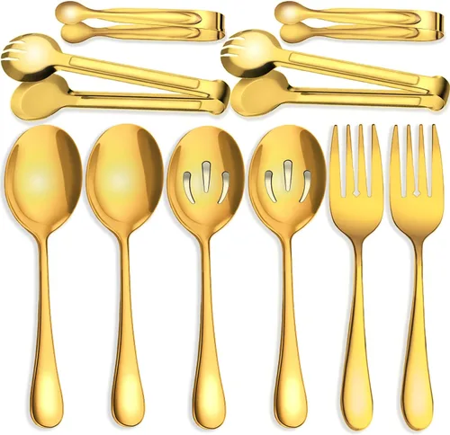 10 piezas de utensilios de servir de acero inoxidable, cucharas grandes para servir con ranuras, tenedores para servir, pinzas para servir, pinzas