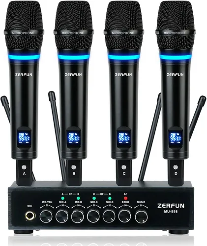 Miniatura 11 de Sistema de Micrófono Inalámbrico Recargable ZERFUN Pro de 4 Canales, Micrófonos Inalámbricos de Mano UHF de Metal con Control de Volumen, 4x50
