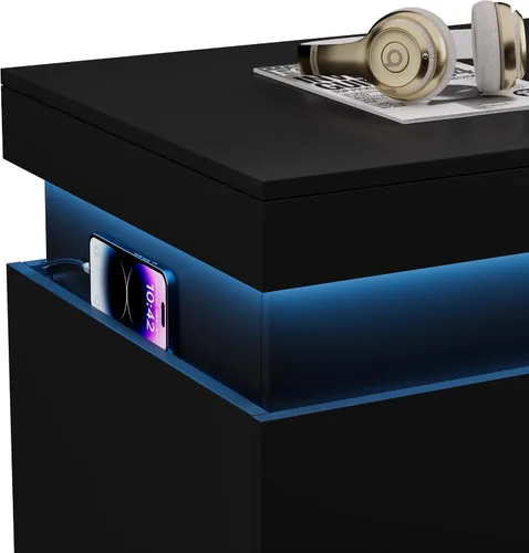 Miniatura 8 de Mesita de noche LED con 3 cajones, moderna mesita de noche blanca con espacio de almacenamiento oculto en la parte superior, mesita de noche