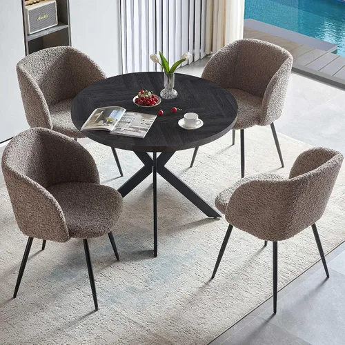 Miniatura 8 de NORDICANA Juego de mesa de comedor y sillas de 3 piezas, juego de mesa redonda de madera de ingeniería de 37 pulgadas con sillones de sherpa Negro