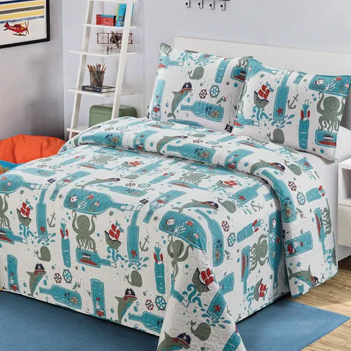 Miniatura 12 de Kids Zone Collection - Juego de colcha acolchada para niños y adolescentes, diseño de baloncesto y fútbol, azul marino y blanco, tamaño individual