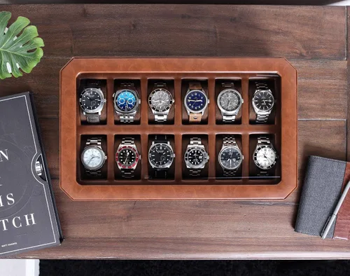 Miniatura 3 de ROTHWELL Caja de reloj de cuero con 12 ranuras, organizador de lujo para relojes, forro de microgamuza, soporte para relojes de joyería para hombre