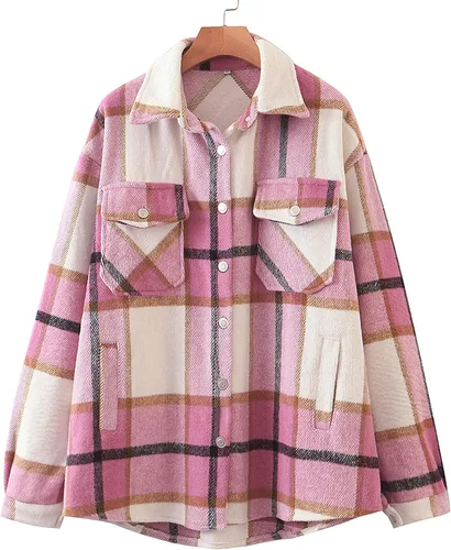 Miniatura 14 de Tanming - Chaquetas de franela cepillada para mujer, a cuadros, con botones, solapas y bolsillos, camisa tipo chaqueta
