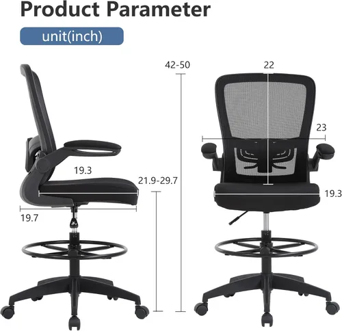 Miniatura 7 de PayLessHere Silla ergonómica de dibujo, silla de oficina alta ajustable con soporte lumbar, respaldo de malla, brazos abatibles para oficina, Negro