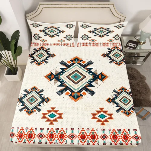 Manfei Sábana bajera ajustable geométrica étnica tamaño individual, juego de ropa de cama de estilo indio americano, 2 piezas para niños y niñas,