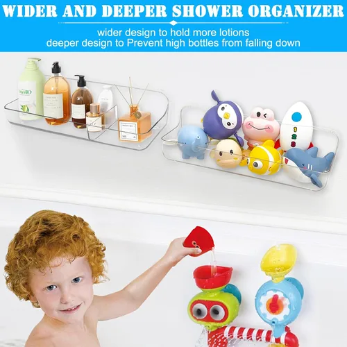 Miniatura 8 de Cerpourt Paquete de 2 soportes de almacenamiento de juguetes de baño para bañera, estantes adhesivos de acrílico, cinta adhesiva para espejo