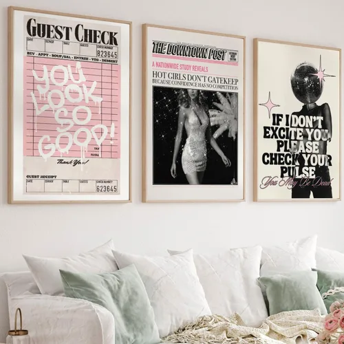 Miniatura 4 de Juego de arte de pared vintage en lienzo rosa con 3 imágenes de chicas geniales "You Look So Good" Póster de pinturas modernas y preparadas