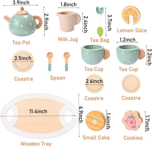 Miniatura 6 de 15 piezas de juego de té de madera para niñas pequeñas, MONT PLEASANT juguetes de madera, juego de té para niños pequeños, accesorios de cocina