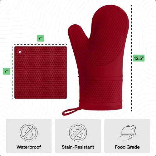 Miniatura 5 de GORILLA GRIP Juego de 4 manoplas de horno de silicona suave sin BPA y soportes para ollas, resistentes al calor, forro de algodón grueso, agarre Rojo