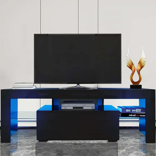Miniatura 3 de Anwick Soporte de TV LED con gran almacenamiento para televisores de hasta 55 pulgadas, moderno centro de entretenimiento con estante de cristal