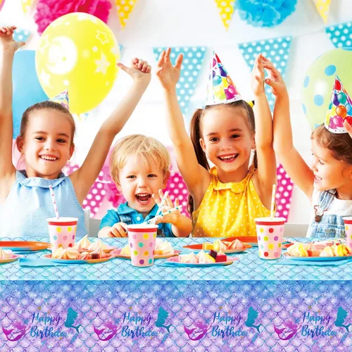 Miniatura 4 de DaiUni 1 mantel de cumpleaños de sirena para decoración de fiesta de cumpleaños, funda rectangular desechable de plástico para suministros de fiesta