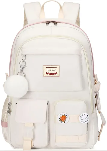 Hey Yoo Mochila para niñas, bolsa de libros, linda mochila escolar universitaria, media escuela primaria para niñas adolescentes, Blanco, L, Lindo