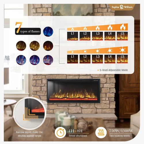 Miniatura 3 de Sophia & William Chimenea eléctrica de 42 pulgadas montada en la pared, calentador de chimenea con control remoto, bisel ultra estrecho para sala
