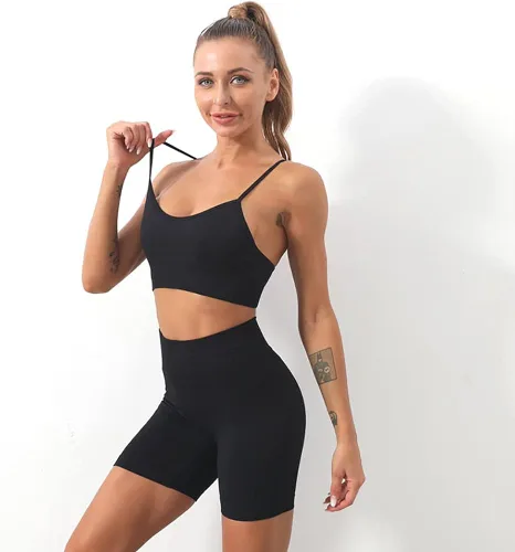 Miniatura 6 de Conjuntos de 2 piezas sin costuras para yoga y entrenamiento - con ombliguera de manga corta y pantalones cortos de tiro alto para correr
