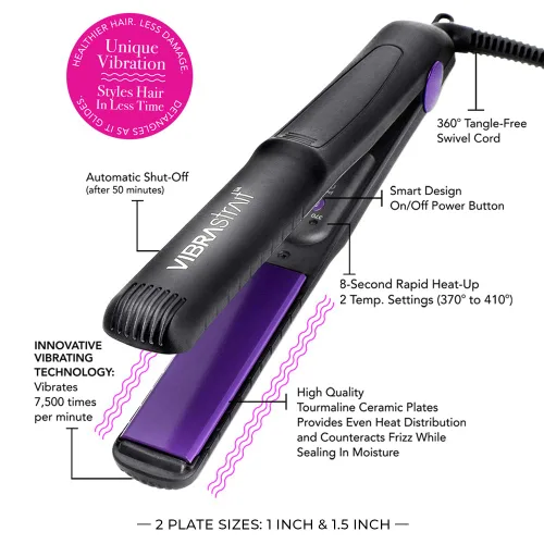 Miniatura 5 de Vibrastrait Essential - Plancha de cerámica vibratoria iónica de turmalina, 1.5 pulgadas, alisadora de pelo de cerámica sin encrespamiento con un