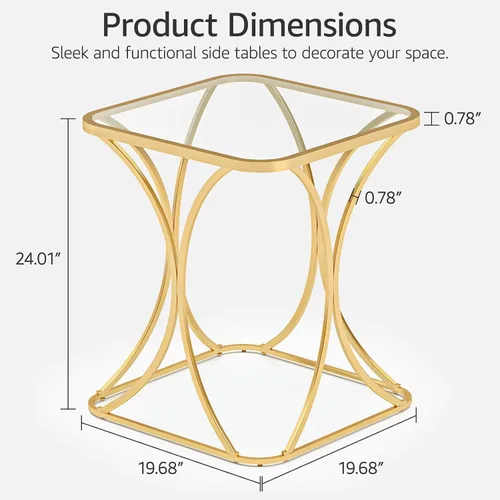 Miniatura 3 de Mesa auxiliar cuadrada de 19.68 pulgadas con parte superior de vidrio templado, elegante marco de metal en forma de X, mesa auxiliar para sala