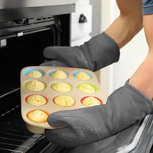 Miniatura 8 de Guantes de horno de silicona con forro de algodón acolchado – profesional resistente al calor olla de cocina soportes – 1 par Gris