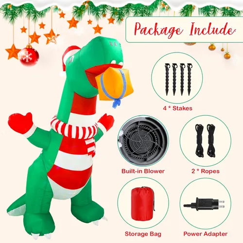 Miniatura 5 de Decoraciones inflables de Navidad de 8 pies para exteriores, dinosaurio inflable de patio con sombrero navideño y caja de regalo, luces LED