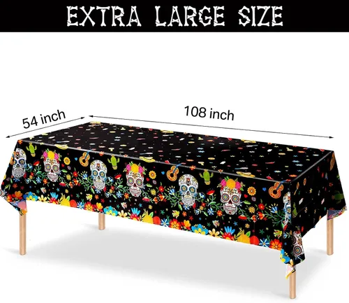 Miniatura 2 de Irenare Mantel de plástico con diseño de Día de los Muertos, diseño de calavera de azúcar, desechable, rectangular, para Halloween, cumpleaños Negro