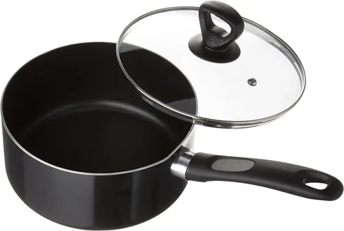 Mirro A7972484 Get A Grip - Cacerola antiadherente de aluminio de 3 cuartos con tapa de vidrio, utensilios de cocina, color negro