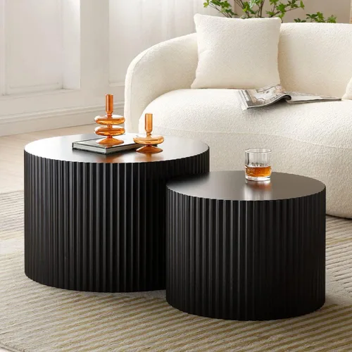 Miniatura 23 de WILLIAMSPACE Juego de 2 mesas auxiliares anidadas, mesas de café redondas de madera color naranja mate, mesas auxiliares modernas de lujo, mesa