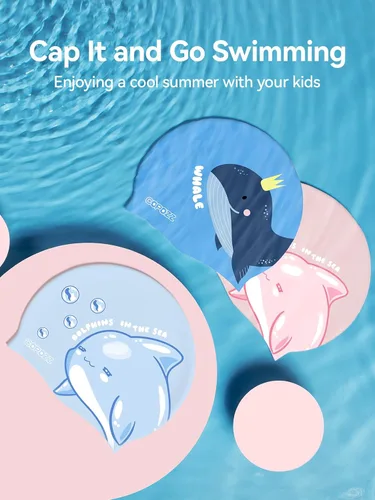 Miniatura 6 de COPOZZ Gorros de natación para niños, de silicona, impermeable, cómodo, gorro de natación para cabello largo y corto