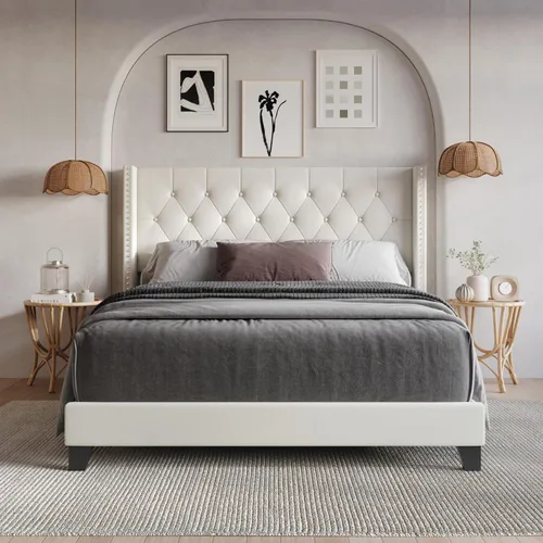 Miniatura 7 de HOME DESIGN Homer - Marco de cama tapizado con respaldo copetudo, cabecera capitonada de piel sintética con botones y ribete de cabeza de clavo