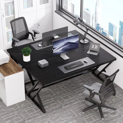 Miniatura 8 de LVB Escritorio Negro, Escritorio Moderno para Juegos, Escritura y Computadora para Oficina en Casa, Mesa de Metal y Madera para Estudio y Trabajo