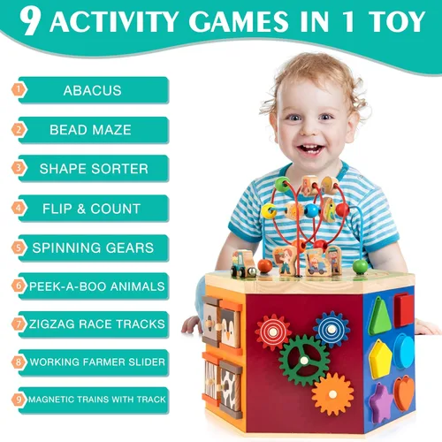 Miniatura 8 de Cubo de actividades grande, centro de juego de madera con temática de granja 9 en 1, juguete Montessori multiusos para bebés, niños pequeños y niños