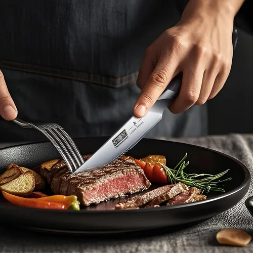 Miniatura 7 de HOSHANHO Juego de 7 cuchillos para carne, juego de cuchillos para carne de 4.5 pulgadas con bloque, cuchillos de cocina de acero al carbono japonés
