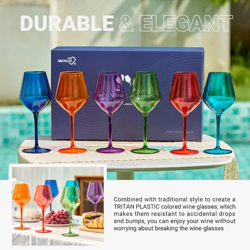 Miniatura 4 de MICHLEY Juego de 6 copas de vino de colores de tallo largo, color rojo y blanco, cristalería de plástico de tritán, regalo de 15 onzas para fiestas