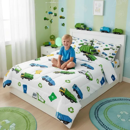 Miniatura 4 de Juego de edredón de camión de basura para niños, tamaño King, juego de ropa de cama de automóvil de dibujos animados para niños, adolescentes
