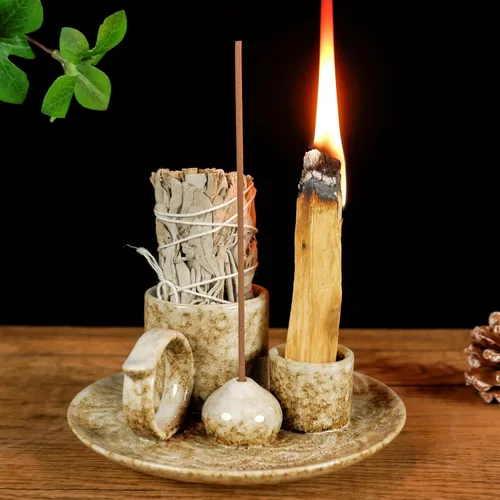 Miniatura 10 de MOUGIGI Quemador/Soporte de Palo Santo de Cerámica 5 en 1 Azul - Pequeño Portavelas y Bandeja/Cuenco para Quemar Sahumerios, Compatible con Plato