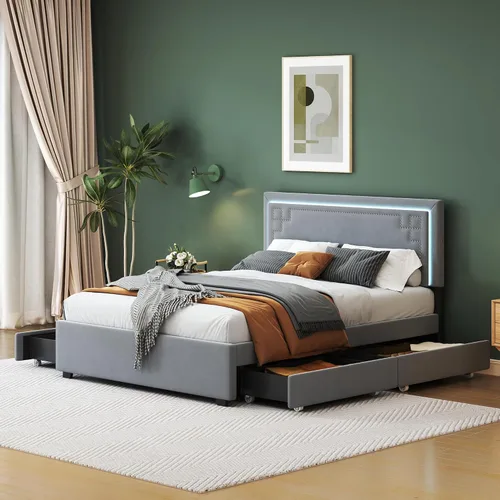 Miniatura 18 de Cama de plataforma flotante, marco de cama de madera tamaño individual con rayas claras, tela de lino suave y cabecera de diseño capitoné