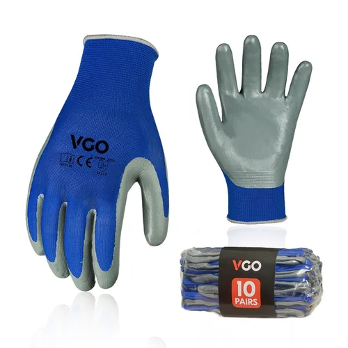 Vgo... 10 pares de guantes de trabajo de seguridad, guantes de jardinería, revestimiento de nitrilo antideslizante, guantes de inmersión (talla M,