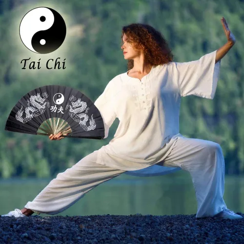 Miniatura 2 de OMyTea Ventilador de mano plegable grande de bambú para hombres y mujeres, ventilador de mano chino japonés de Kung Fu Tai Chi con funda de tela
