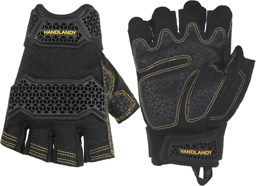 Miniatura 16 de HANDLANDY Guantes tácticos de impacto sin dedos para hombre, guantes de trabajo con agarre acolchado de medio dedo, guantes de conductor de Verde