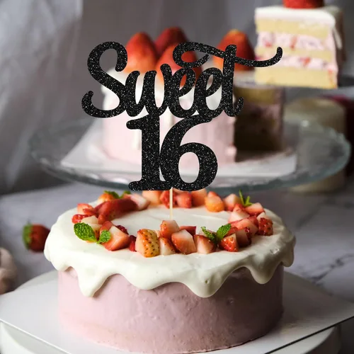 Miniatura 4 de Gyufise 1 decoración para tartas de 16 años con purpurina negra para cumpleaños de 16 años, decoración para felicitaciones a 16 años de edad
