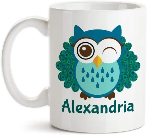 Taza de té de cerámica monograma personalizada del pavo real del búho del pájaro lindo del diseño del pájaro