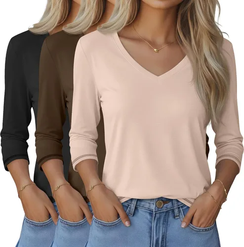 Miniatura 46 de Ficerd Paquete de 3 camisetas de manga 3/4 para mujer, cuello en V, blusas holgadas, blusas casuales, ropa de moda 2026